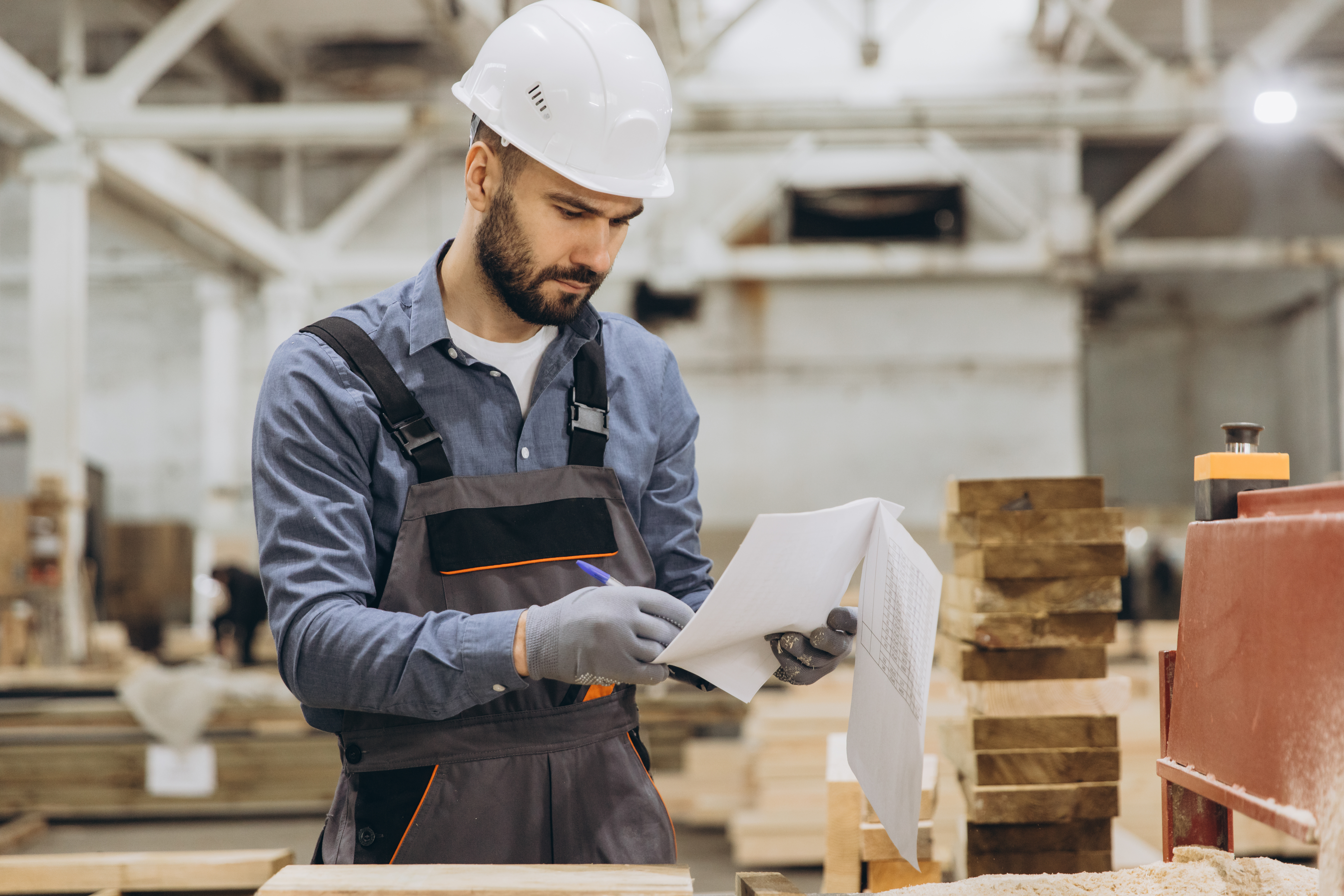 Carpenter wearing protective workwear and hardhat, reading instructions and holding pen, standing near stacks of lumber and woodworking machinery in factory