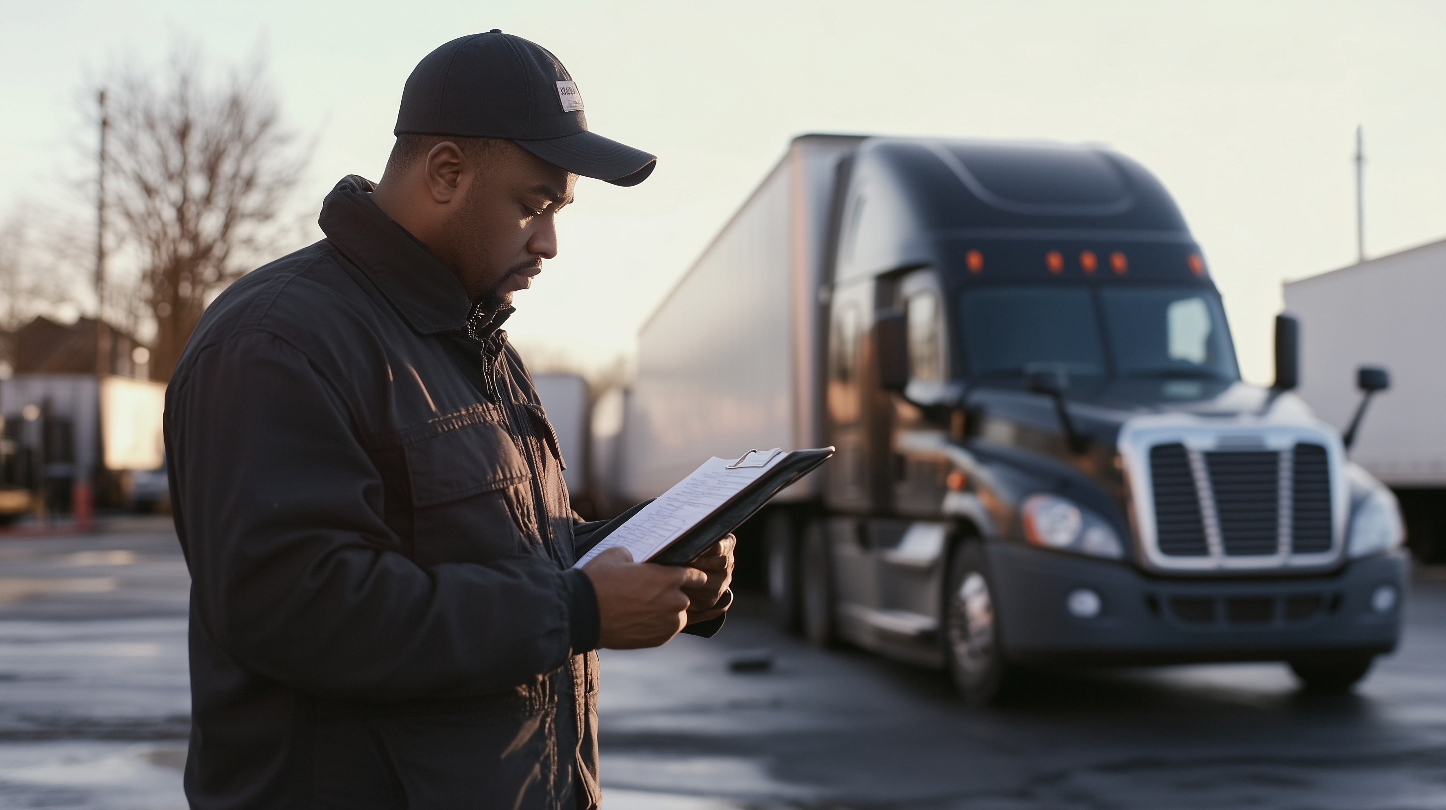 Truck driver is standing in a truck yard reviewing shipping documents on a clipboard near his semi-trailer truck - AI generated