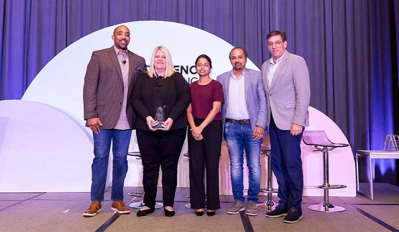 Insurity recently presented the Claims Champion of the Year award to Acuity, the only insurer nationwide to be recognized. From left to right are Sylvester Mathis, Chief Insurance Officer, Insurity; Amy Pascoe, Manager – Catastrophe Claims, Acuity; Divya Argawal and Jay Salagundi, GlobalLogic (awards ceremony sponsor); and Chris Lafond, Insurity CEO. 