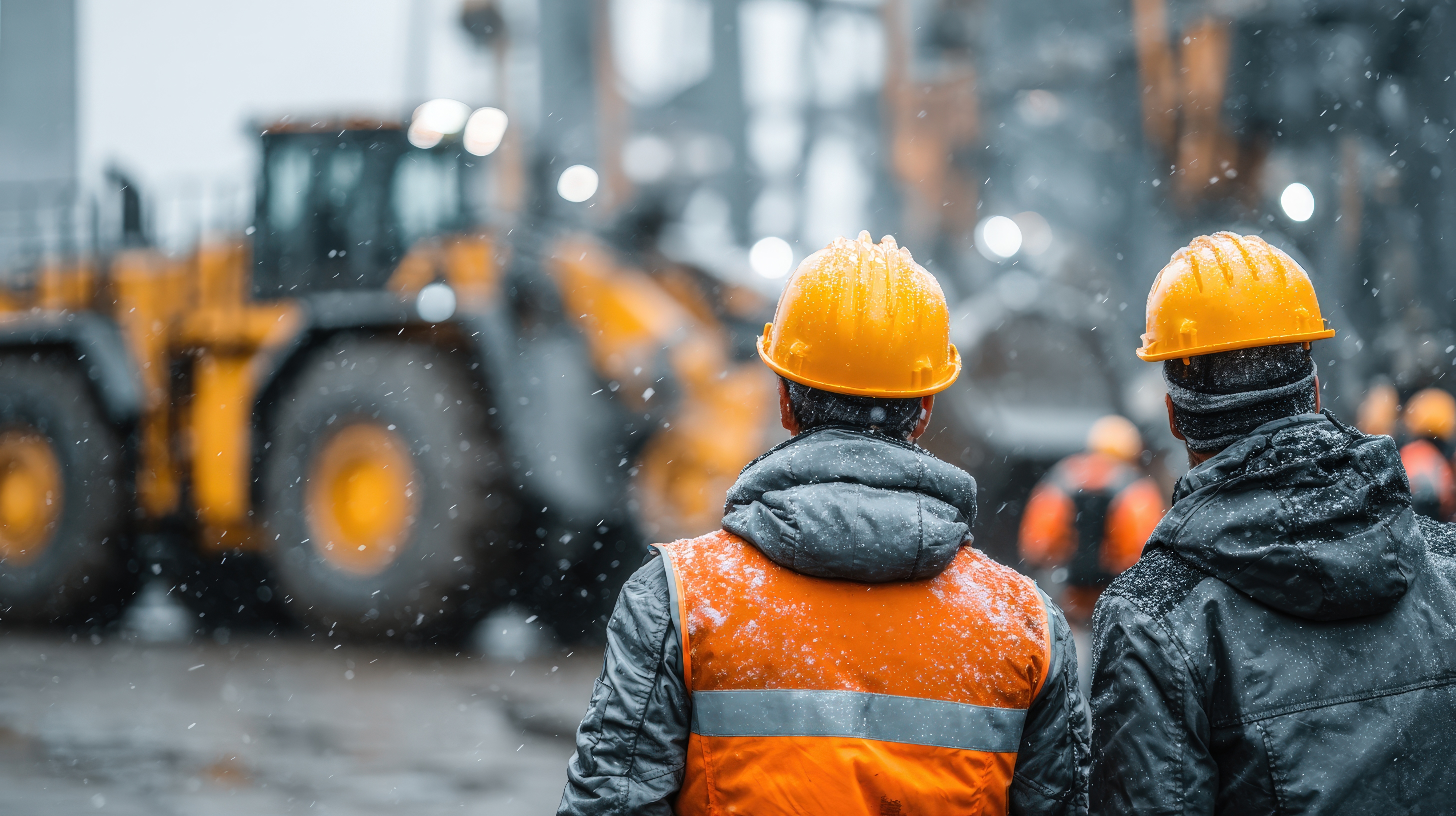 Workers in safety gear observe an active construction site during snowfall, showcasing teamwork in challenging weather amidst heavy machinery.